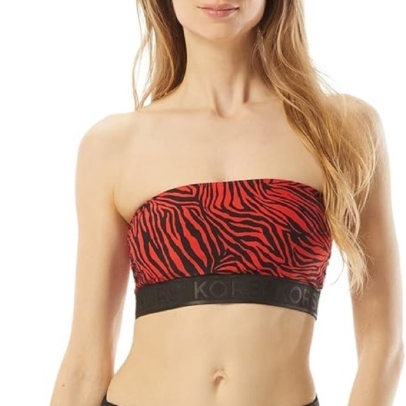 New MICHAEL Michael Kors Zebra Zip Back Bandeau Swim Bikini Top Red Black XS - Picture 1 of 11